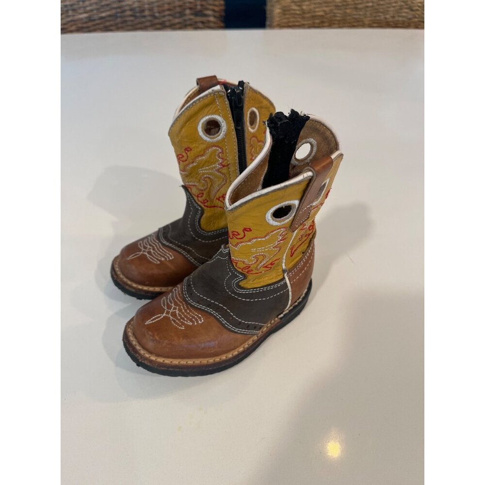 John Davis Toddler Cowboy Boots Brown & Yellow Leather Western Style Size 5